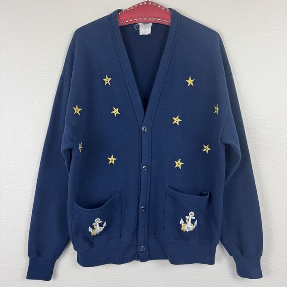 Vintage 90s Jerzees Embroidered Nautical Anchor Sweatshirt Cardigan Navy Blue OS - Picture 1 of 16
